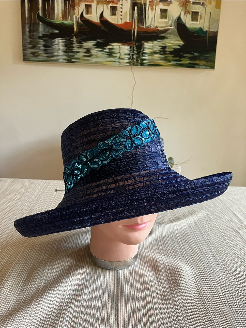 Chic Navy Women's Hat with Teal Sequined Floral Embroidered Band
